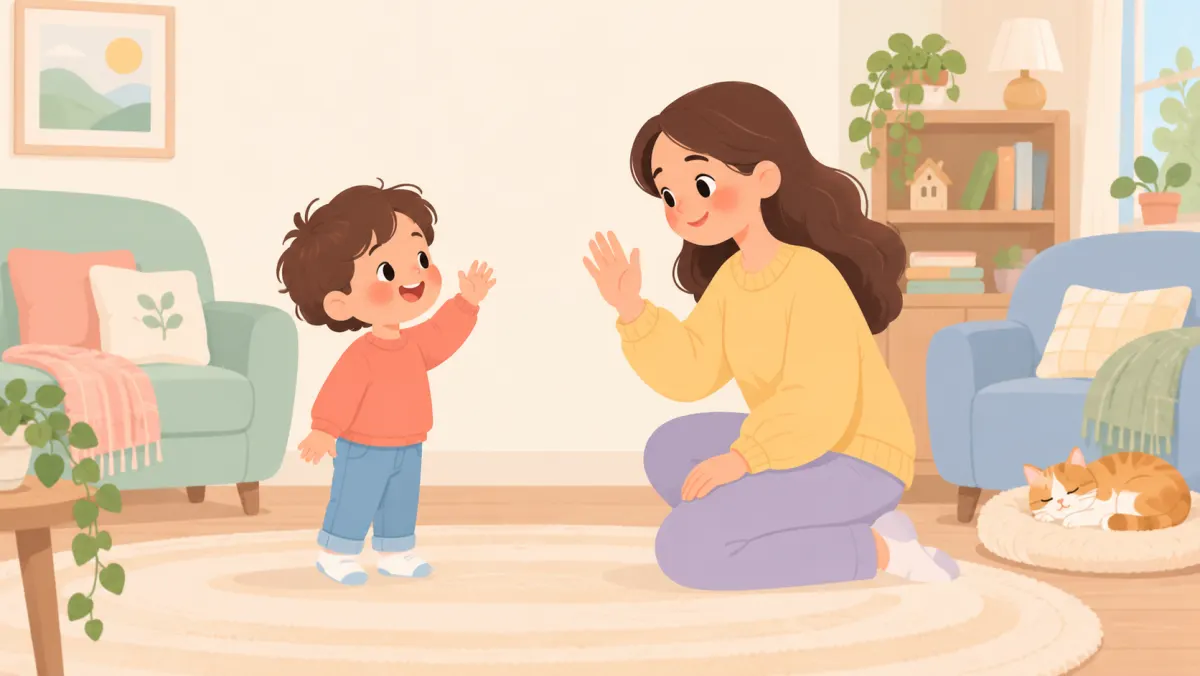 Child practicing a greeting with a supportive parent