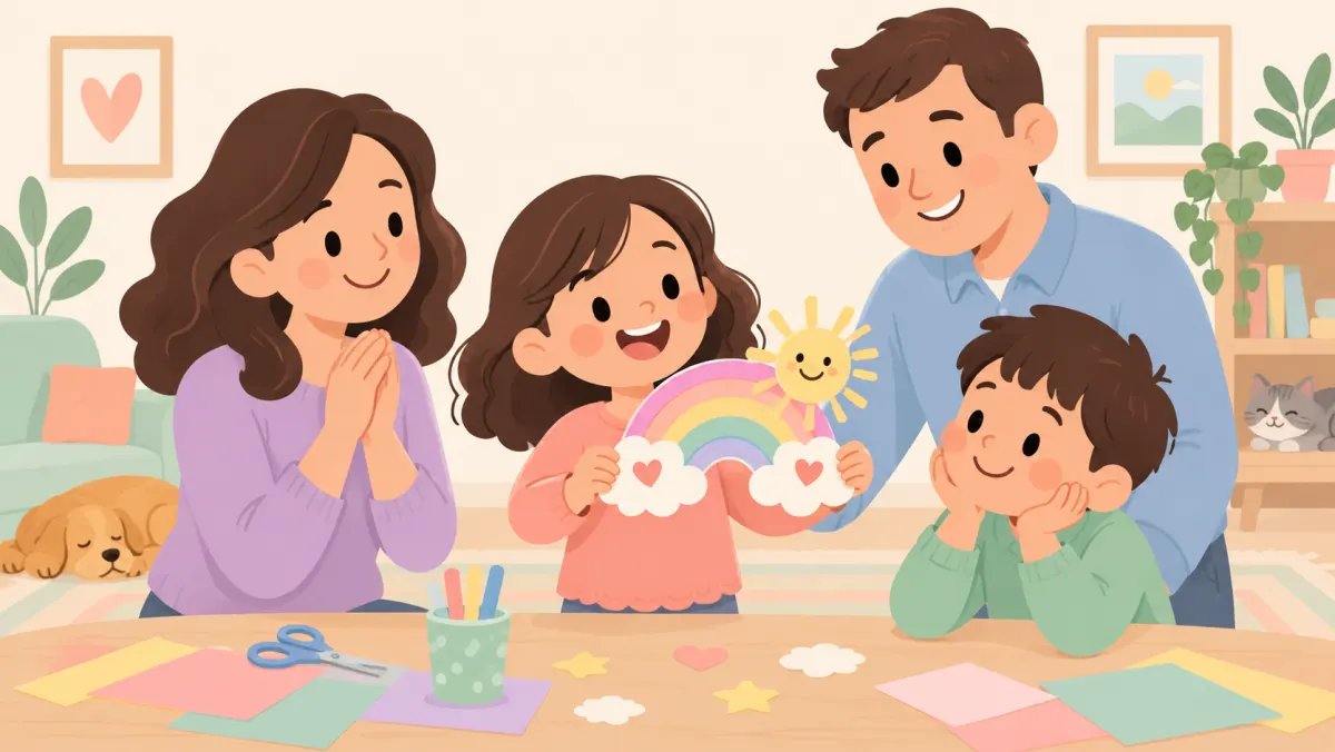Child sharing a handmade project with family