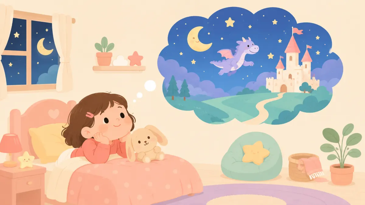Child imagining a comforting nighttime adventure.