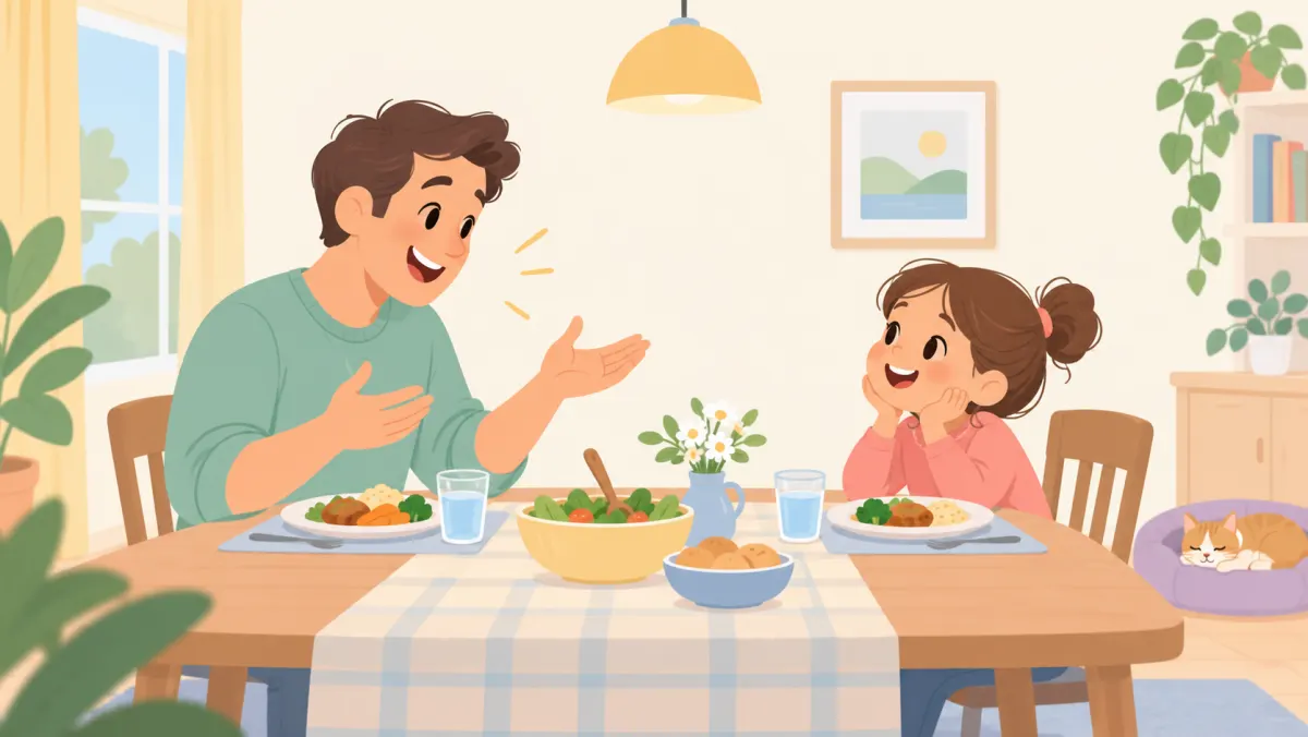 Parent sharing a story while a child smiles during dinner.