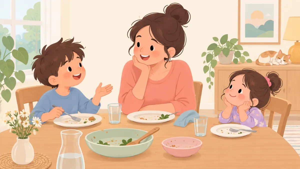 Children of different ages chatting with a parent during a relaxed meal.