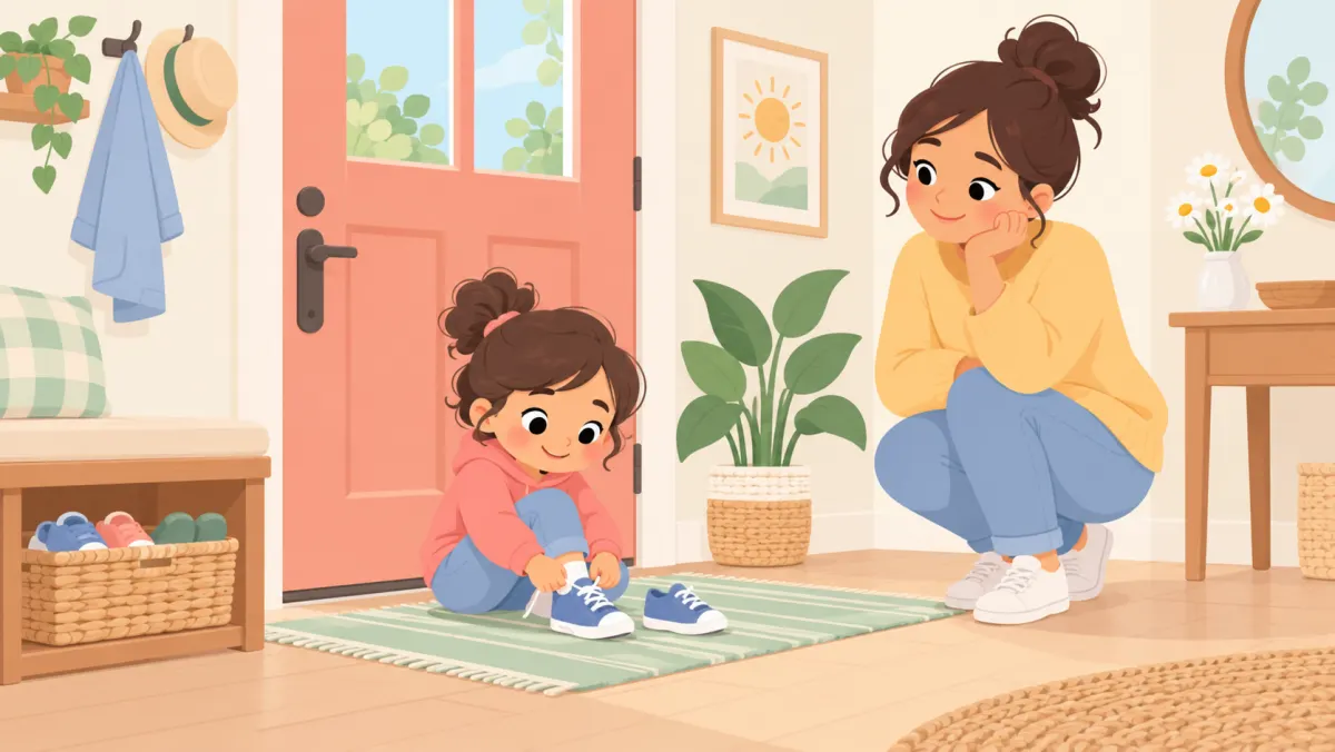 Child putting on shoes while a parent waits calmly by the door.
