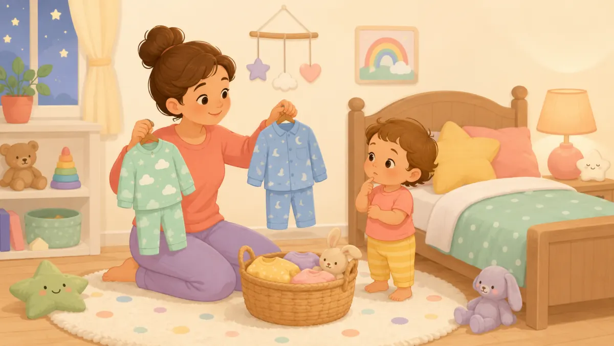 Parent offering a toddler two simple pajama choices at bedtime.