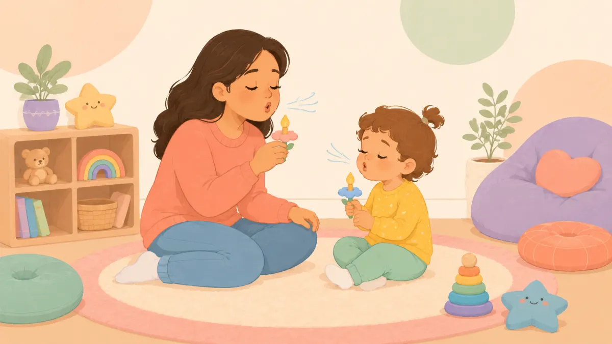 Parent and toddler practicing a simple calming breath during playtime.