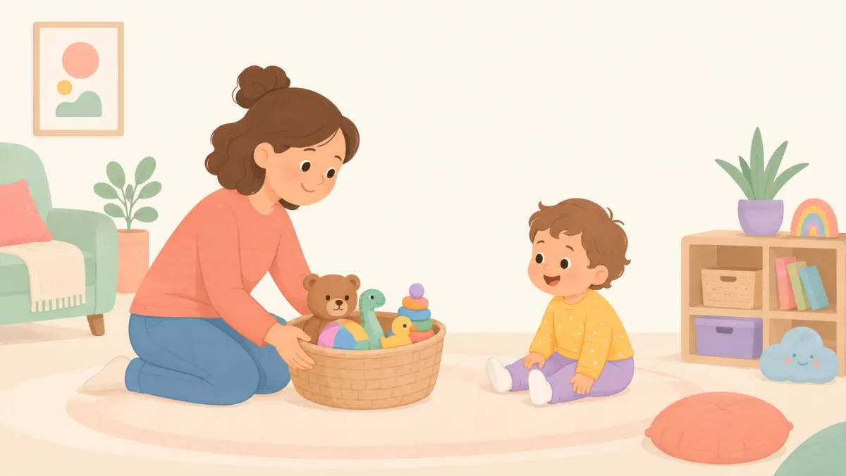 Parent sets out a small basket of familiar toys beside a toddler.