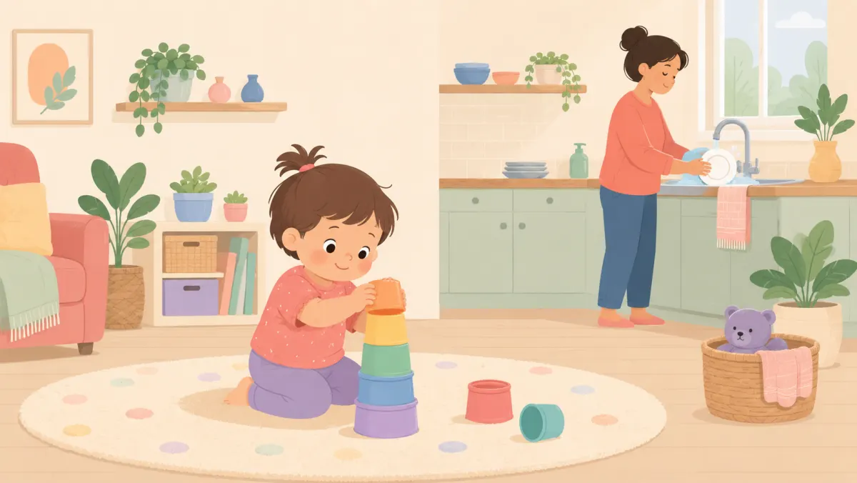 Toddler stacks cups while a parent washes dishes nearby.
