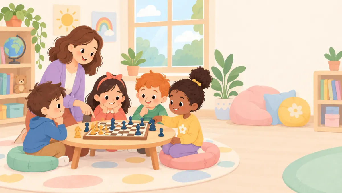 Children learning chess together in a classroom setting