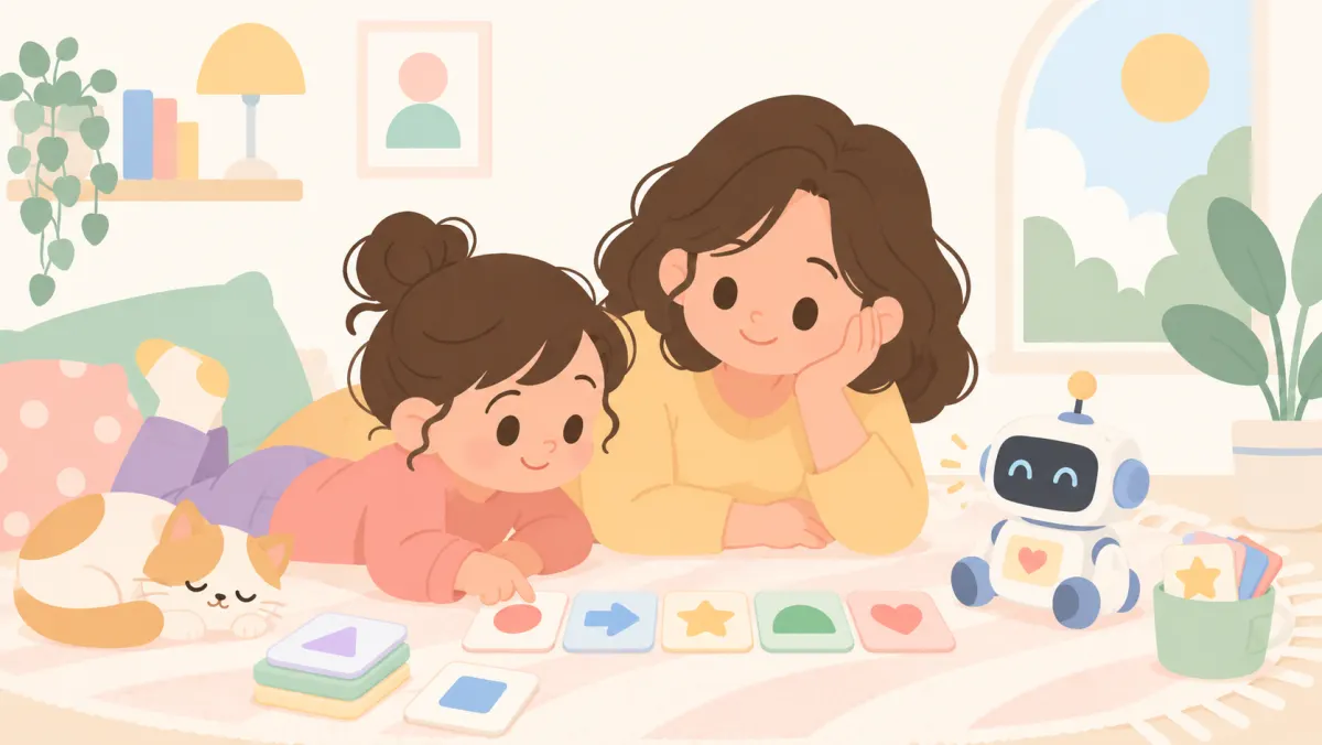 Child and parent working through a coding sequence beside a small robot.
