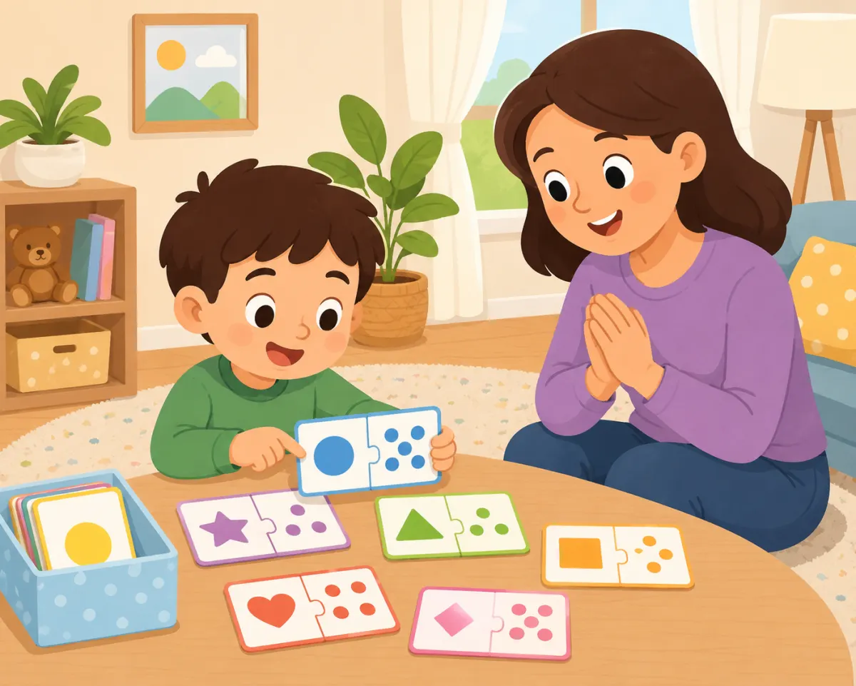Child practicing math puzzles at home with a supportive parent