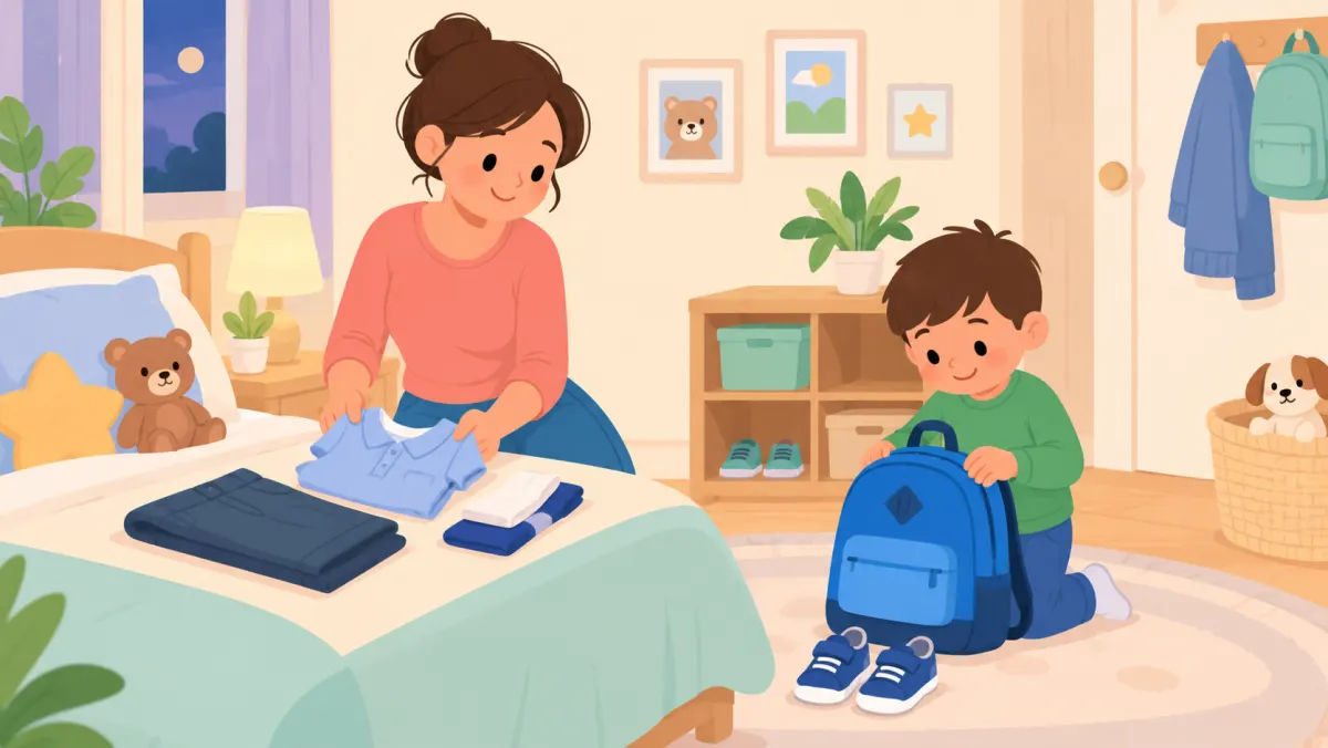 Parent preparing clothes, a backpack, and shoes for school the night before.