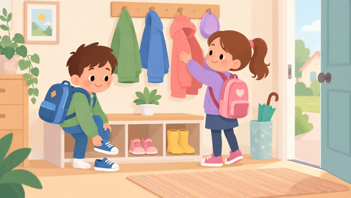 Children collecting school bags and coats from an organized entryway.
