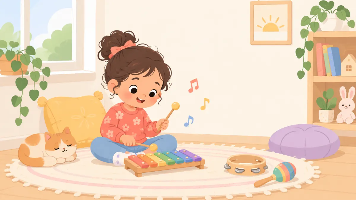 Child exploring sounds with a musical instrument at home