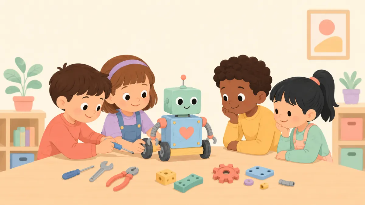 Children working together to adjust a robot wheel after a test.