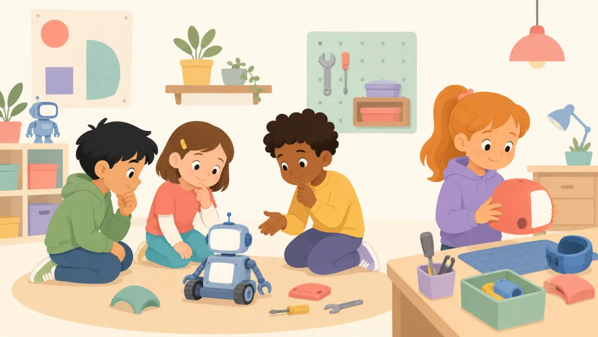 Kids discussing a stopped robot and preparing another test together.