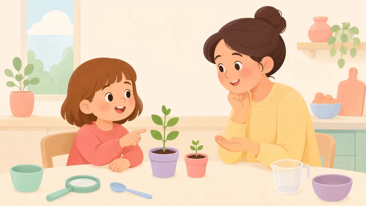 Child explaining the results of a plant experiment to a parent.