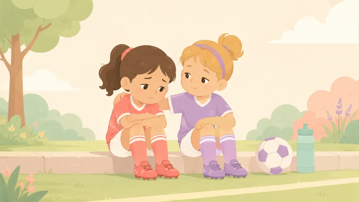 Two young teammates supporting each other after a difficult game.