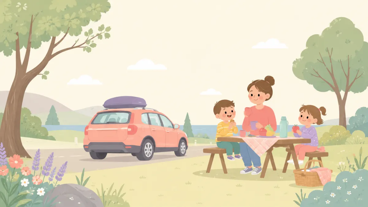 Parent and two children taking a relaxed break beside their parked car.