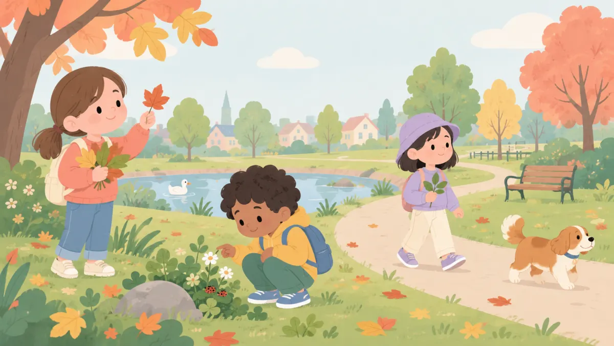 Children exploring leaves and plants during an outdoor walk