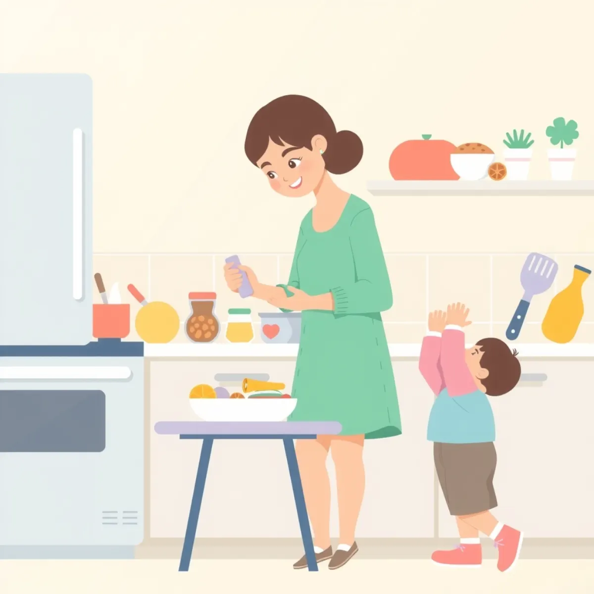 Parent preparing simple dinner portions with a toddler nearby