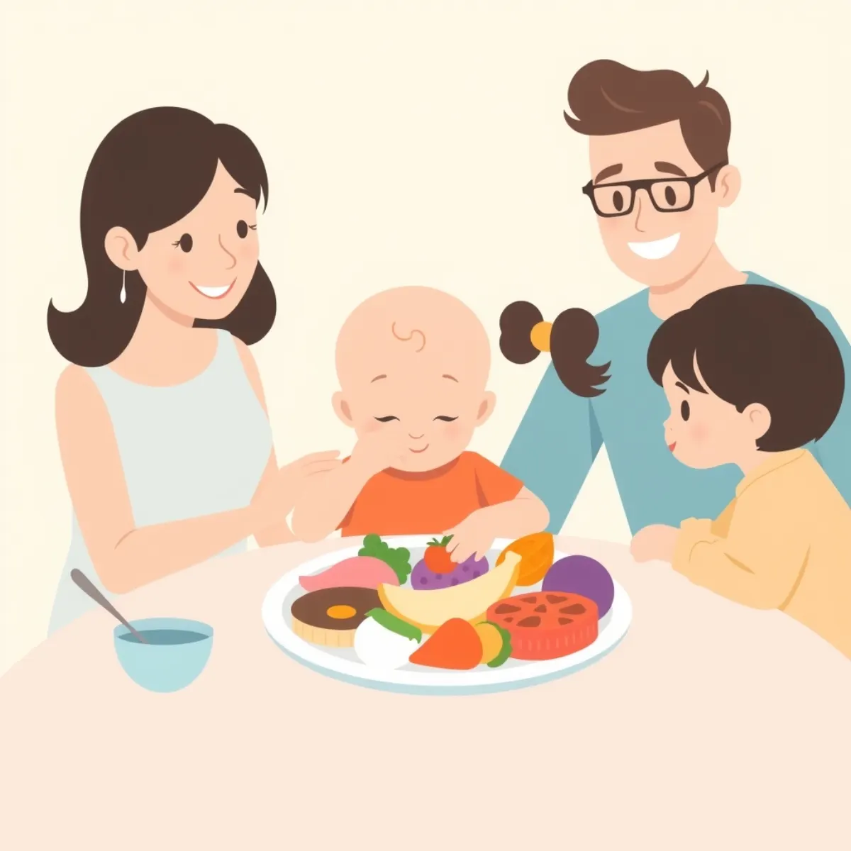 Toddler exploring foods during a family meal