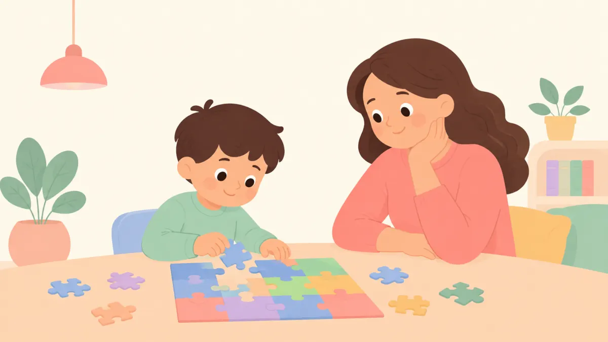Child working on a puzzle while a parent notices the effort.