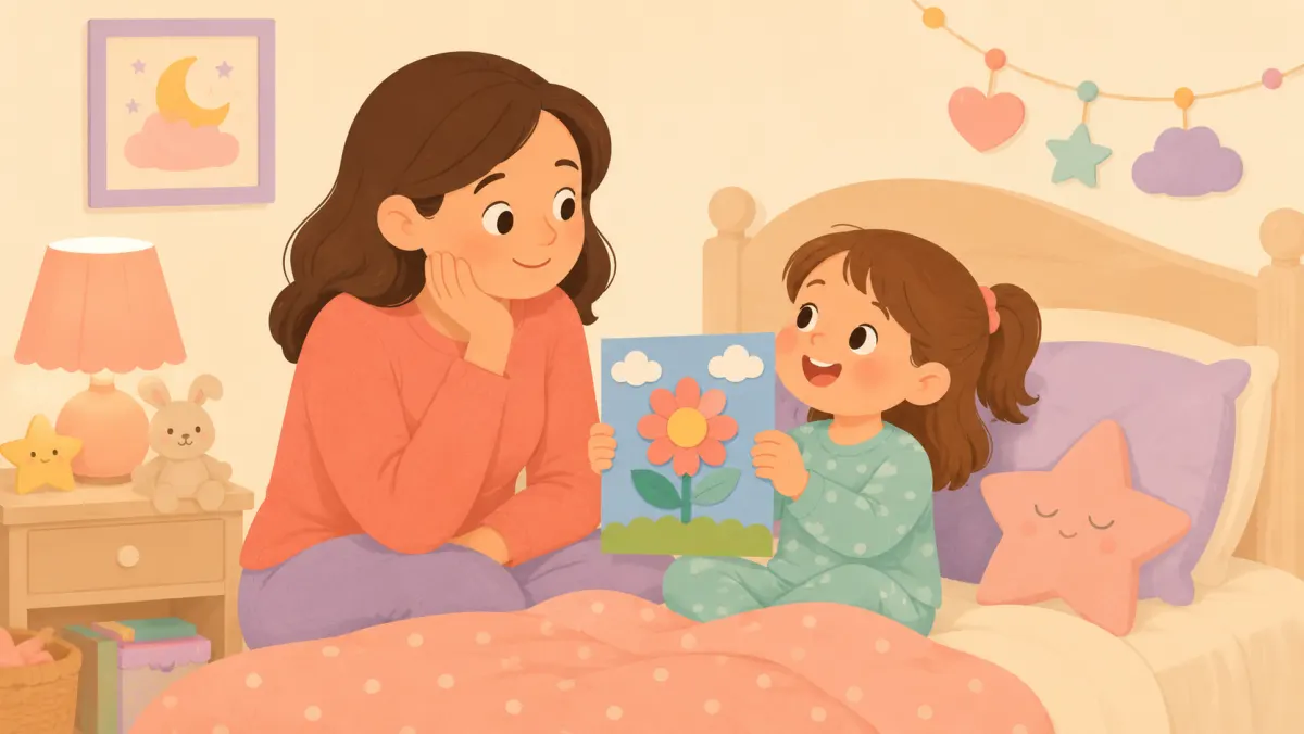 Parent and child talking calmly at bedtime beside a finished craft.