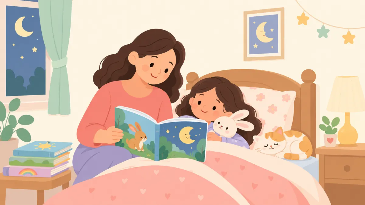 Parent reading beside a child during a calm bedtime routine.