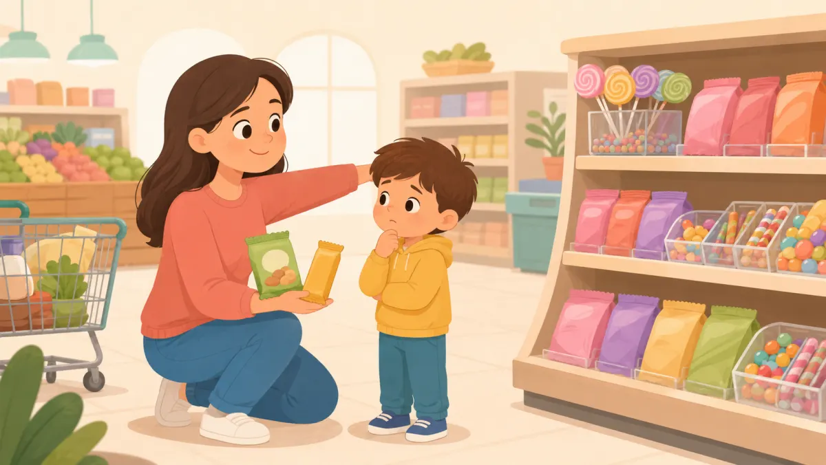Parent offering two snack choices after saying no to candy in a store.