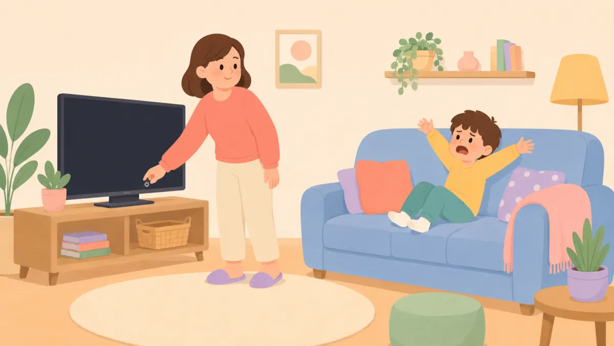 Parent calmly turning off the television while a child protests on the couch.