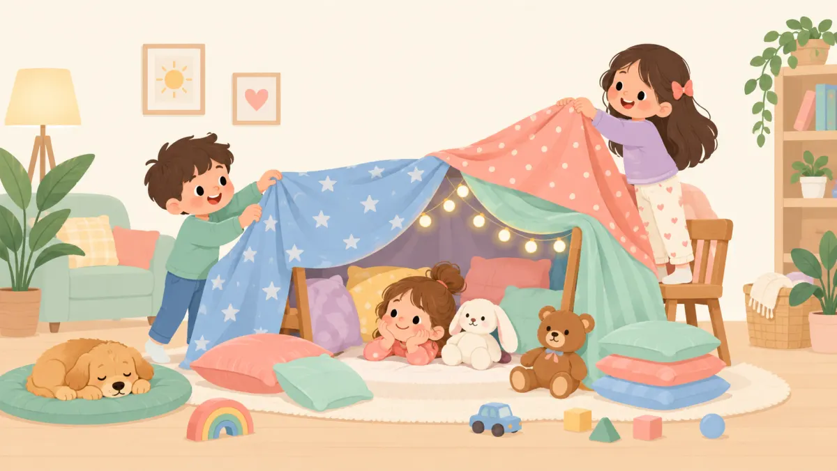 Siblings building a blanket fort together indoors.