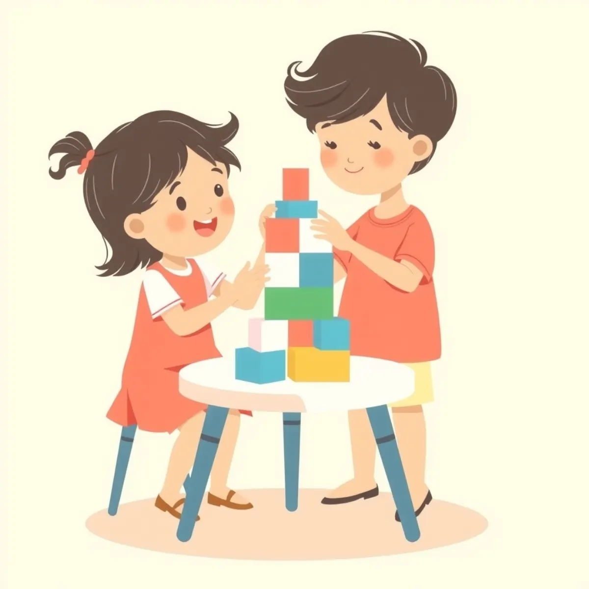 Two siblings building a block tower together