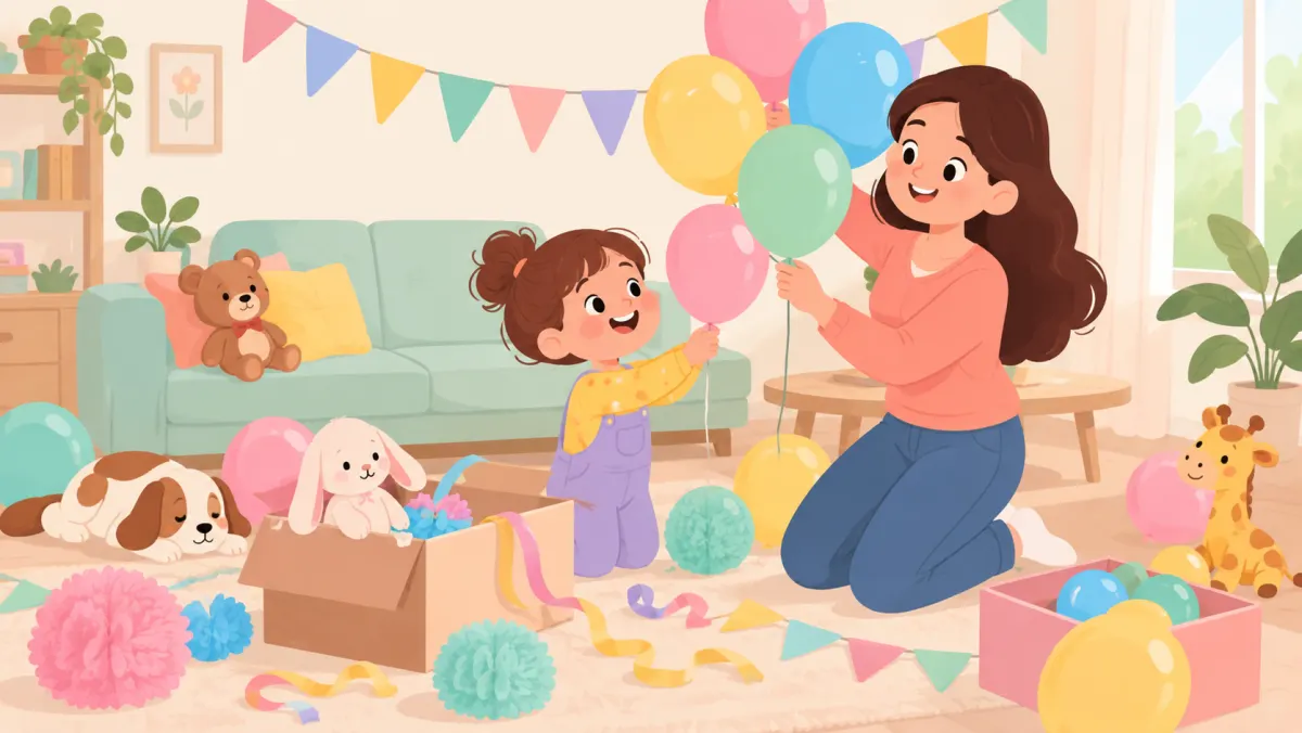 Parent and child setting up simple birthday decorations together at home.