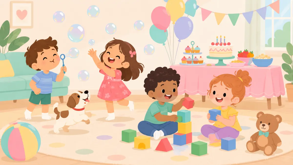 Children enjoying easy birthday activities beside a simple snack table.