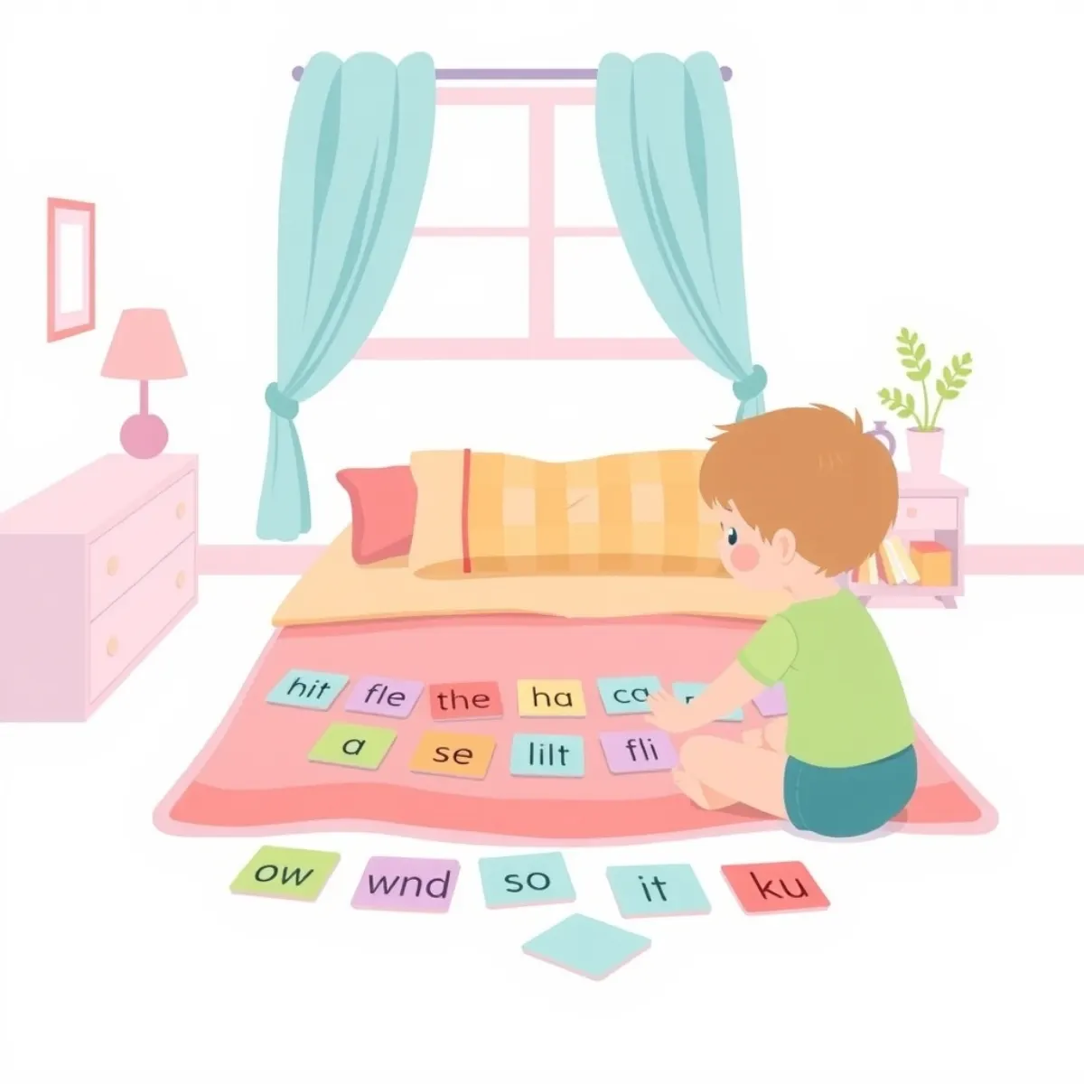 Child organizing word cards during spelling practice