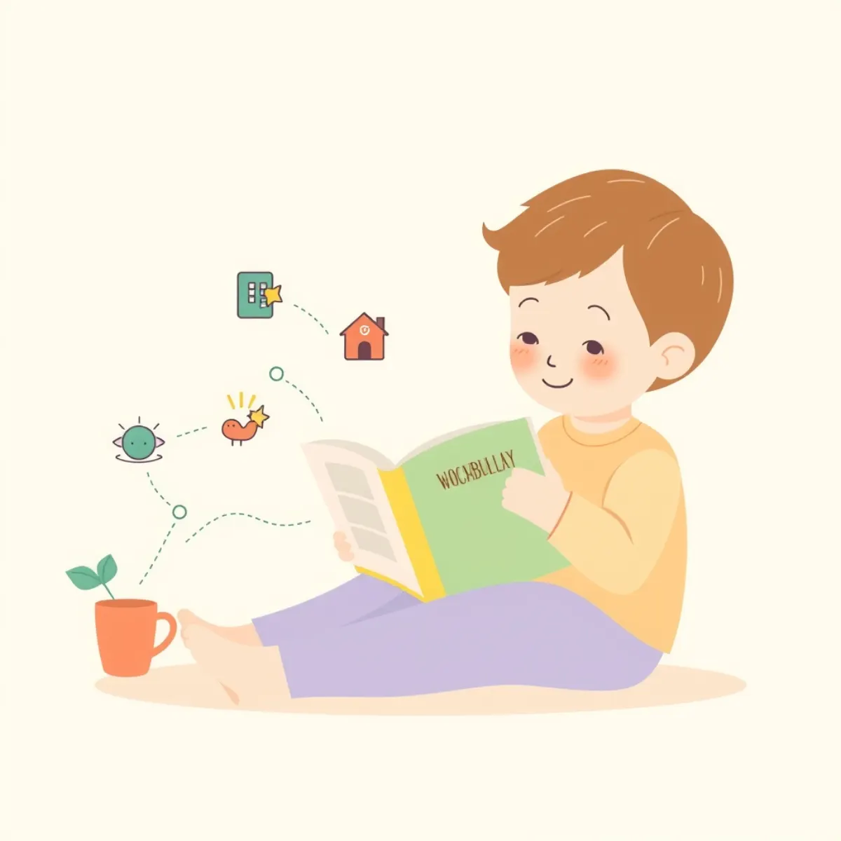 Child connecting new words with drawings and reading