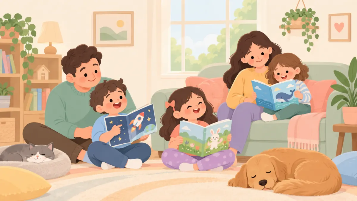 Family sharing a quiet reading moment with books