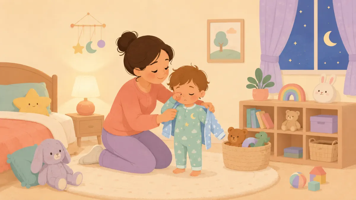 Parent helping a sleepy toddler get into pajamas after a busy evening.